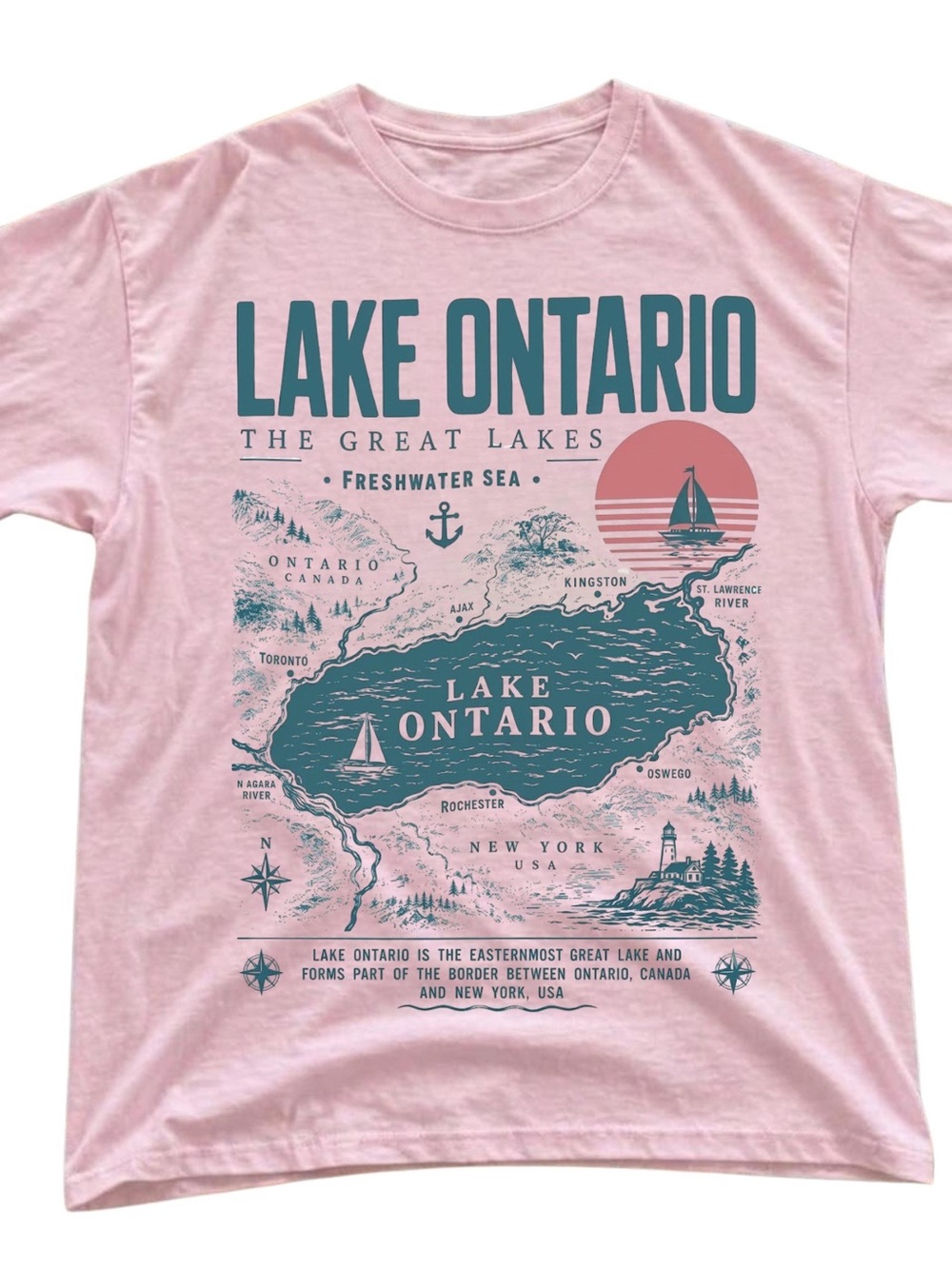 Gildan Pink Lake Ontario Graphic Tee with Teal & Coral Print, Gift